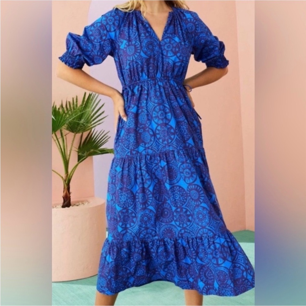 Marie Oliver Womens Farin Tiered Midi Dress XS Sodalite Coin Print Luxury $438